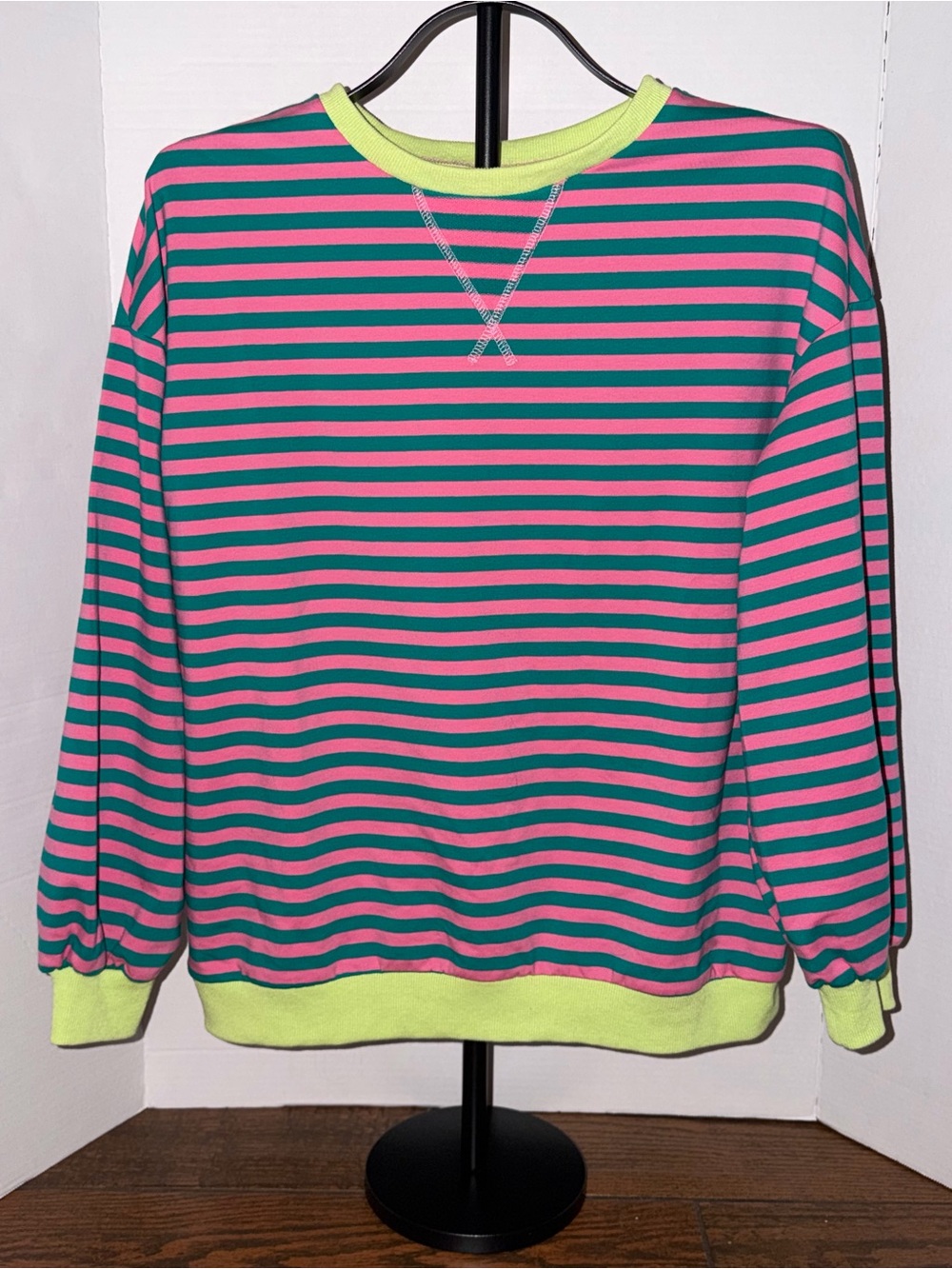 Amazon Women's Striped Crewneck Sweater in Pink and Teal with Neon Yellow Trim